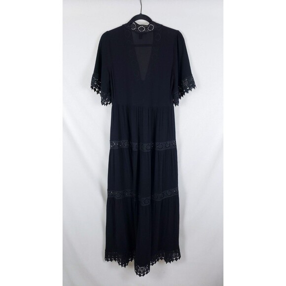 Boho Floral Embroidery Duster Kimono Womens M Black Buttoned Waist Peasant Lace - Picture 5 of 10